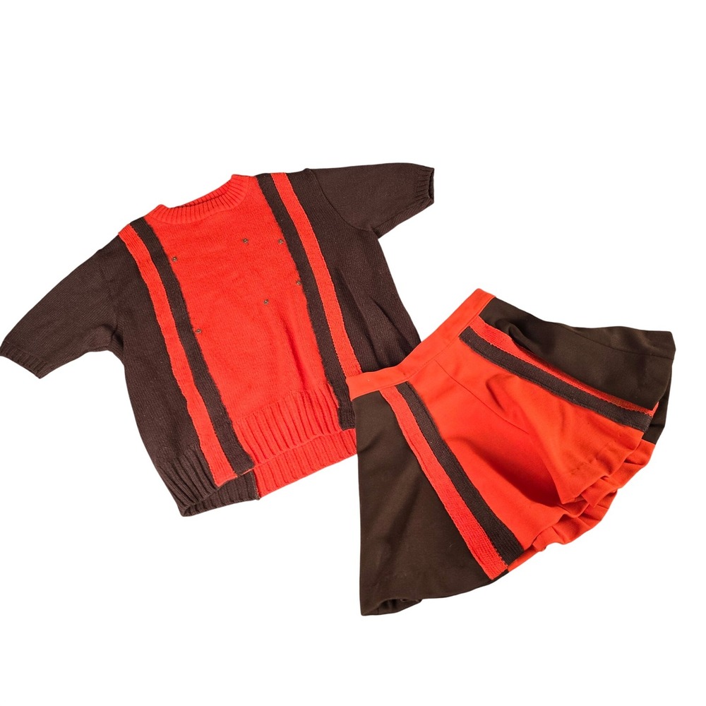 70s Vintage Dehen Knit‎ Cheerleading Outfit Orange & Brown Two Piece Set Small